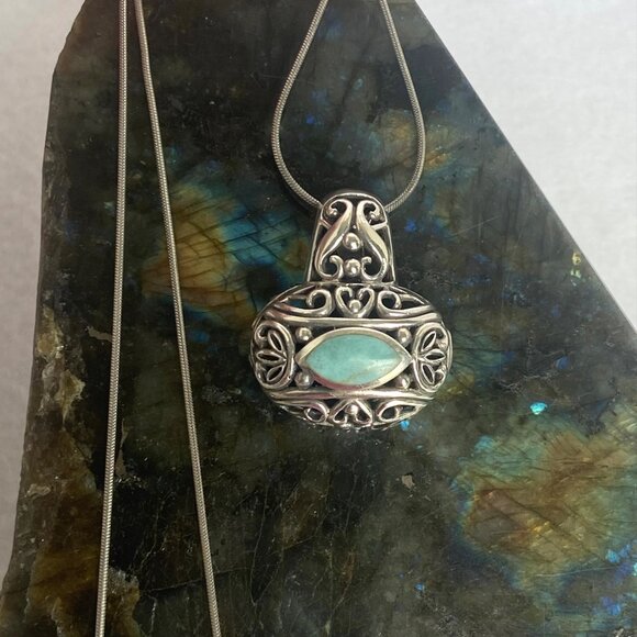 Sterling Silver 925 Chunky Bali Style Scrollwork Turquoise Pendant Necklace 18" - Picture 6 of 16